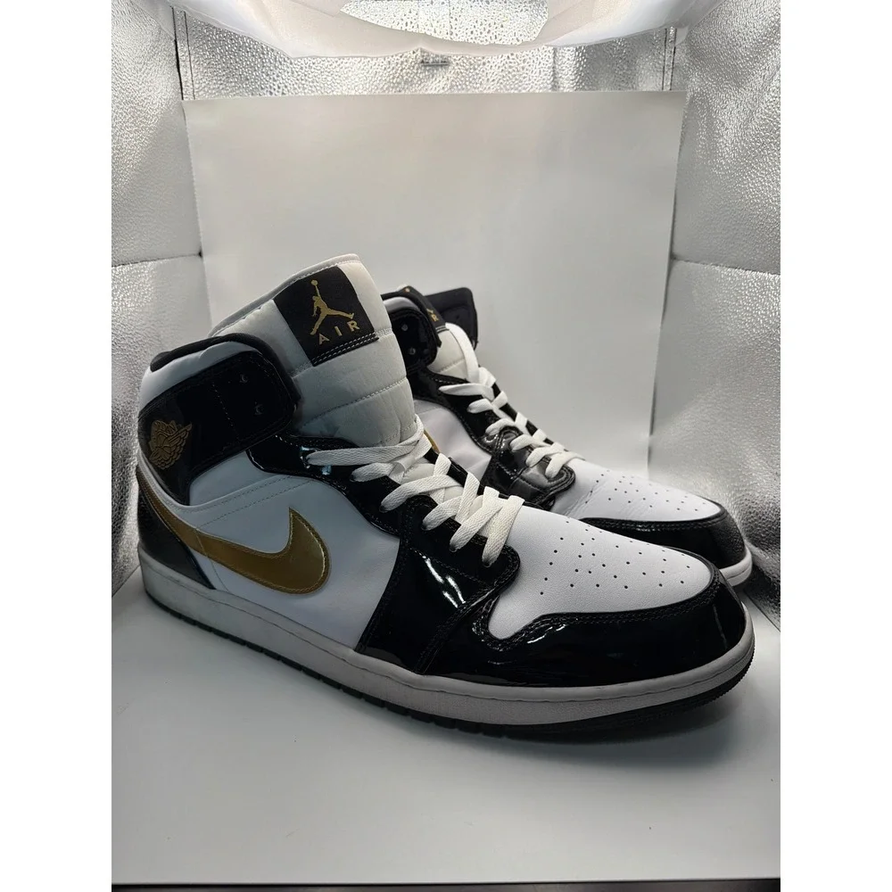 Jordan 1 Mid White Black Metallic Gold Patent Leather Sneakers SIZE 18